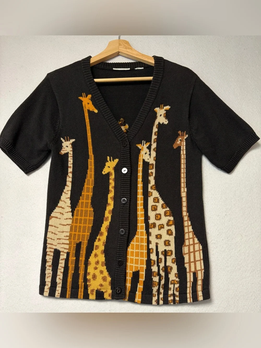 Vintage 90s Giraffe Knit Cardigan Novelty Artwear Boho Safari Animal Print